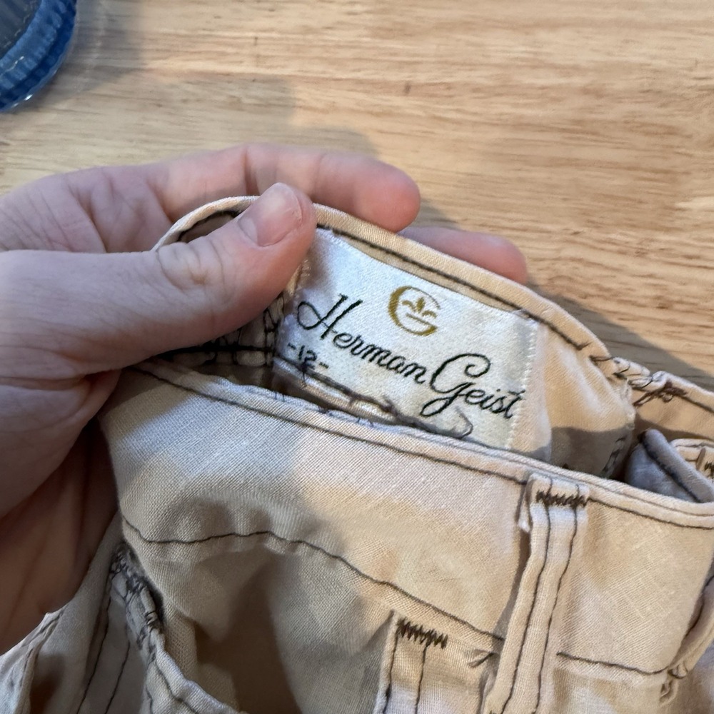 Herman Geist pants womens 25 beige giraffe embroidered trousers Vintage - Picture 11 of 11